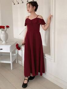 DAZY Tween Girl Solid Color Ruffle Trim Off-Shoulder Fashionable Dress Summer - Burgundy - View 4