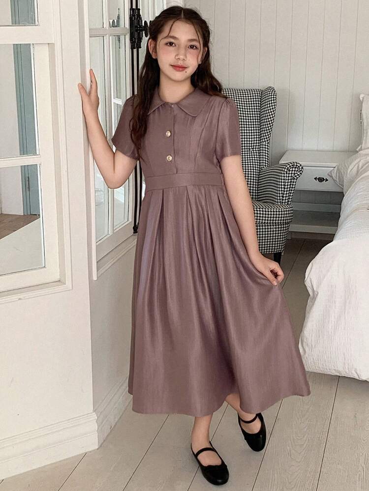 Tween Girls' Casual Everyday Commute Solid Color Waist Cinched Pleated Hem Dress, Summer