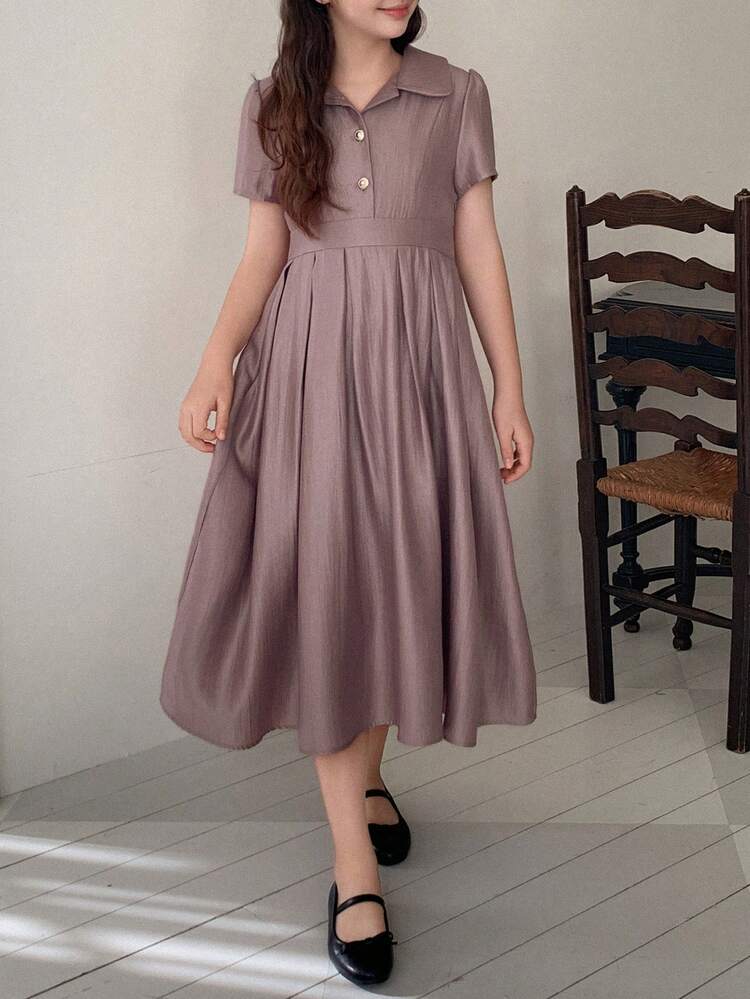 Tween Girls' Casual Everyday Commute Solid Color Waist Cinched Pleated Hem Dress, Summer