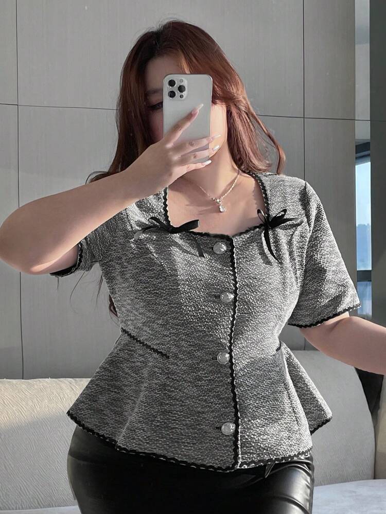 Dazy Plus Plus Size Bow Decor Waist Cinched Elegant Short Sleeve Cropped Cardigan T-Shirt, Spring/Summer Babydoll Top