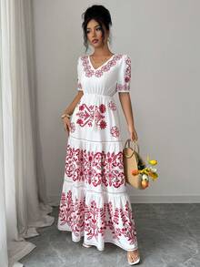 Elenzga Women's New Fashionable And Elegant Red & White Placement Print V-Neck Short Sleeve A-Line Elastic Waist Design Tassel Belt Maxi Dress, Suitable For Commuting, New Year, Streetwear, French Romantic, Casual, Middle Eastern Retro, Afternoon Tea, Party, Thanksgiving, Back To School, Spring/Summer - Red and White - View 6