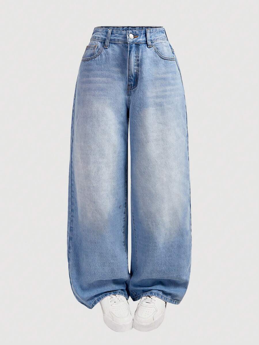 SHEIN ICON 女士带口袋阔腿休闲宽松牛仔裤 - 淺色水洗藍 - 查看 1