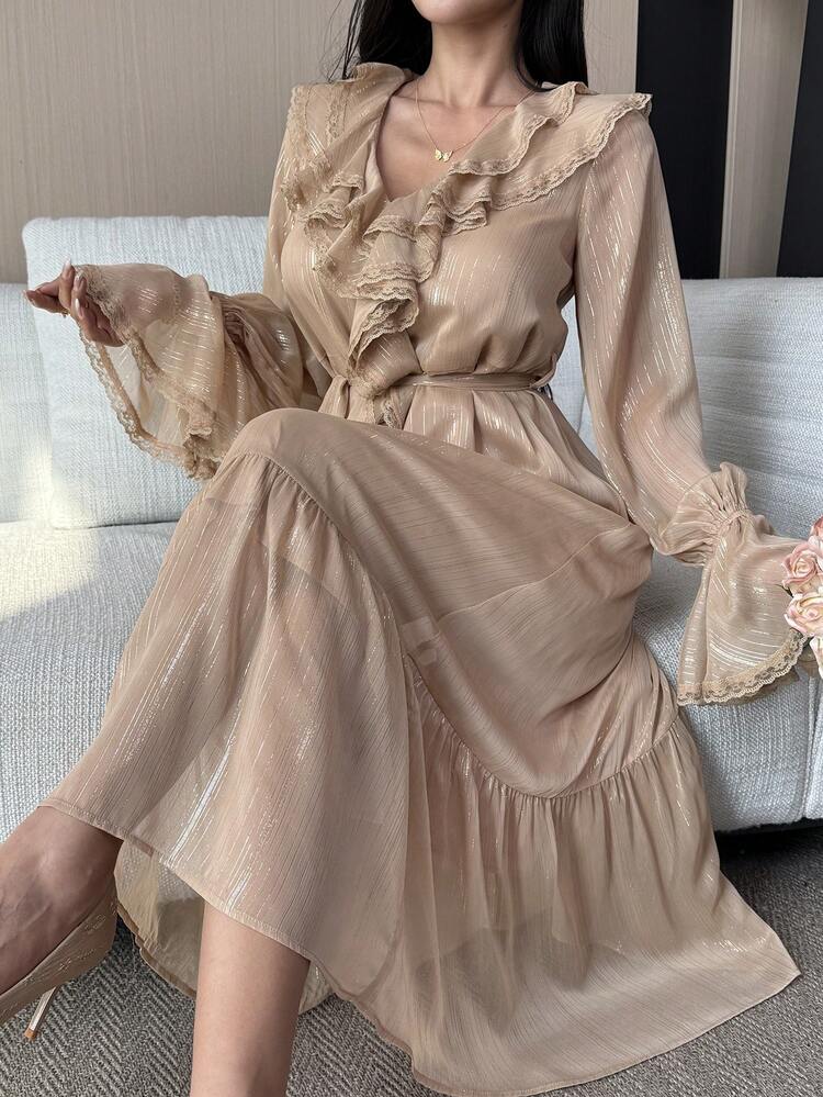 Ruffled Flare Sleeve Waist Cinched Mid-Length Dress For Women Wedding Guest Dress Sundress