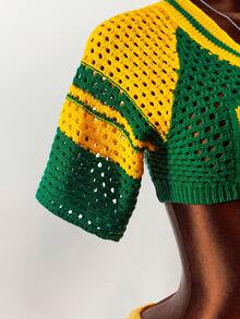 Amplova Women's Numeric Jacquard Hollow Out Short Sleeve Cropped Knit Top And Knitted Blend Mini Skirt Sexy 2-Piece Set - Multicolor - View 4