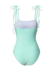 Swim Vcay 女士条纹清爽休闲连体泳衣 - 薄荷綠 - 查看 6