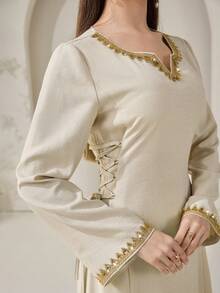 Al Najma 夏季女士阿拉伯风格甜心领收腰连衣裙 - 杏色 - 查看 7