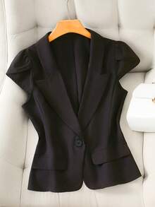GlowEve 女士优雅连帽袖纯色修身西装外套 - 黑色 - 查看 1