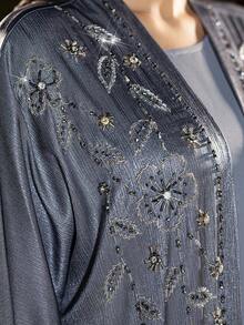 Layrah Elegant Silver-Gray Glossy Textured Fabric Handmade Rhinestone Embellished Abaya - Grey - View 9