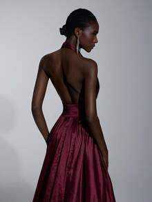 Elitara Elegant, Romantic, Minimalist, Fashionable, Dignified, Olive Green, Knitted Fabric, Halter Neck, Open Back, Extra-Large Skirt, Trailing, Fashionable, Internet Celebrity, Holiday, Vacation, Birthday Party, Wedding Event, Formal Evening Gown - Burgundy - View 6