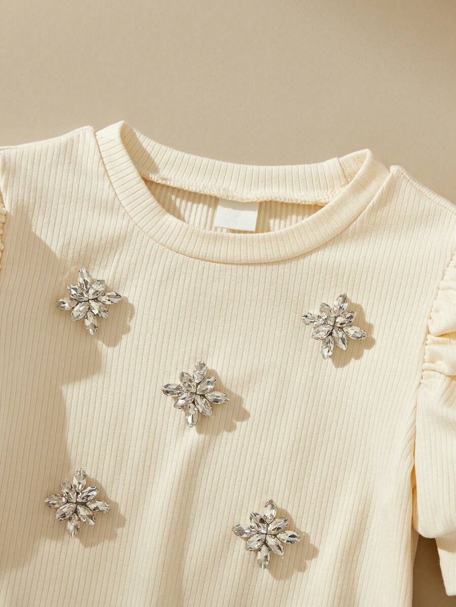 SHEIN Young Girl' Cute Bee Rhinestone Puff Sleeve Knit T-Shirt, Matching Family Outfits - Apricot - View 1