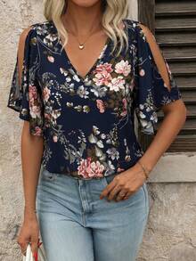 SHEIN Clasi Women's V-Neck Floral Print Ruffle Sleeve Split Hem Blouse - Navy Blue - View 4