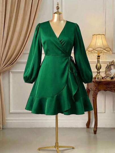 DreamSkyne Lantern Sleeve Side Tie Decor Satin Wrap Dress