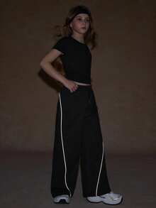 SHEIN Tween Girl Contrast Trim Slant Pocket Drawstring Waist Casual Pants - Black - View 4