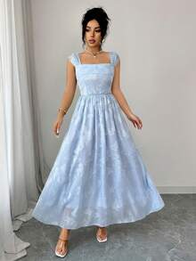 Modelyn 夏季法式浪漫高端提花无袖吊带束腰喇叭优雅连衣裙，女士款 - 藍色 - 查看 7