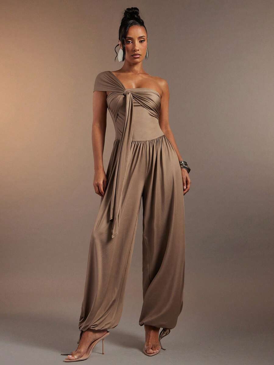 Hauture 女士性感单肩垂褶交叉前襟针织无袖抽绳下摆连体裤 - 咖啡棕 - 查看 1