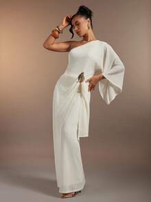 Hauture Women's Sexy Crochet Solid Asymmetrical Neckline Maxi Dress With Stylish Removable Metal Decor - White - View 4