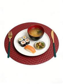 2件/4件圆形勃艮第格子餐垫，采用合成皮革制成，可擦拭和水洗，适用于餐厅、露台、室内和室外用餐，耐热且易于清洁。 - 酒紅色 - 查看 7