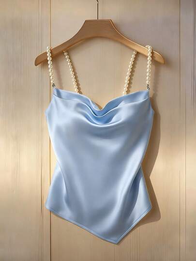 Franclia Women's Elegant Fashion Commuter Versatile Pearl Decor Satin Shiny Asymmetric Camisole Top, Spring/Autumn