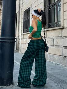 Coolane Quần ống rộng kẻ caro họa tiết phong cách vintage xuân/hè dành cho nữ, thích hợp cho các buổi hòa nhạc, lễ hội, tiệc tùng, đi chơi, hội chợ thời Phục Hưng, câu lạc bộ. - màu xanh lá - Xem 3