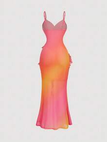 MOD Vestido largo de tirantes con cuello en V, parches, volantes, abertura alta y estampado floral teñido anudado - Multicolor 2 - Ver 4
