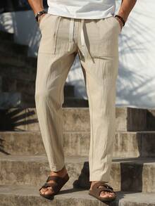 Manfinity RSRT 男士棉质抽绳腰斜插口袋七分裤，修身亚麻七分裤 - 卡其色 - 查看 7