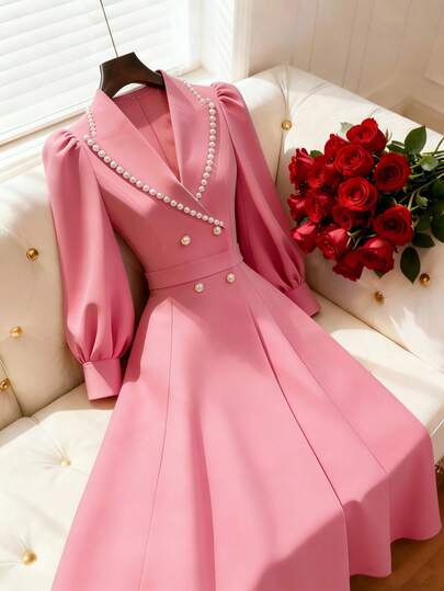 Franclia Elegant Commuter Dress With Cross Collar, Pearl Beads, Double-Breasted, Waist Cinched Design For Women Pink Blazer Dress Pink Long Sleeve Dress Puffy Sleeve Dress Pink Dress For Women Elegant French Style Dress Pink Midi Dress Blazer Dress For Women Pink Brunch Outfits For Women Long Sleeve Elegant Dress Dress With Pearls Belle Elegant Dress