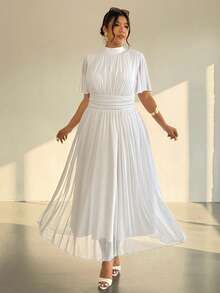 Firerie 大码纯色短袖收腰长款优雅连衣裙 - 白色 - 查看 3