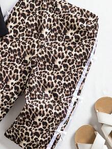 SHEIN 2 Pieces Summer Cute Vacation Knitted Black Vest And All-Over Leopard Print Pants Set With Bow Decoration On The Side - Black - View 5