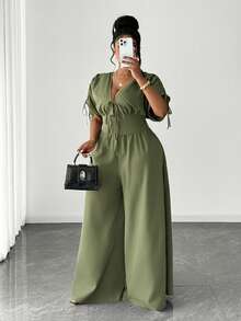 Maweii Plus Size Elegant Short Sleeve V-Neck Drawstring Jumpsuit, Vintage Style For Commuting - Army Green - View 5