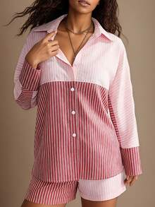 Chiquease 女士条纹拼接纽扣长袖衬衫和短裤两件套 - 彩色 - 查看 7