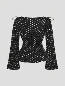 SHEIN CURVE+ 大码女式黑白波点修身长袖圆领衬衫，简约夏季款 - 黑與白 - 查看 2