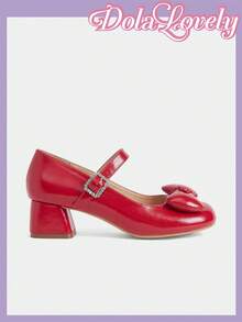 Dola Lovely Red Patent Leather High Heel Women's Shoes, Square Toe Bowknot Mary Jane Shoes, Sweet Lolita Style Energetic Everyday Wear - Red - View 4