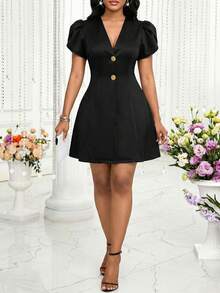 SHEIN Lady Women's Elegant Elegant Simple Solid V-Neck Petal Puff Sleeve Waist Cinched Short Dress, Suitable For Work Commute In Summer,Summer Dresses For Women - Black - View 6