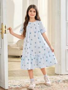 SHEIN Tween Girl Bow Striped Round Neck Loose A-Line Casual Short Sleeve Dress - Baby Blue - View 1