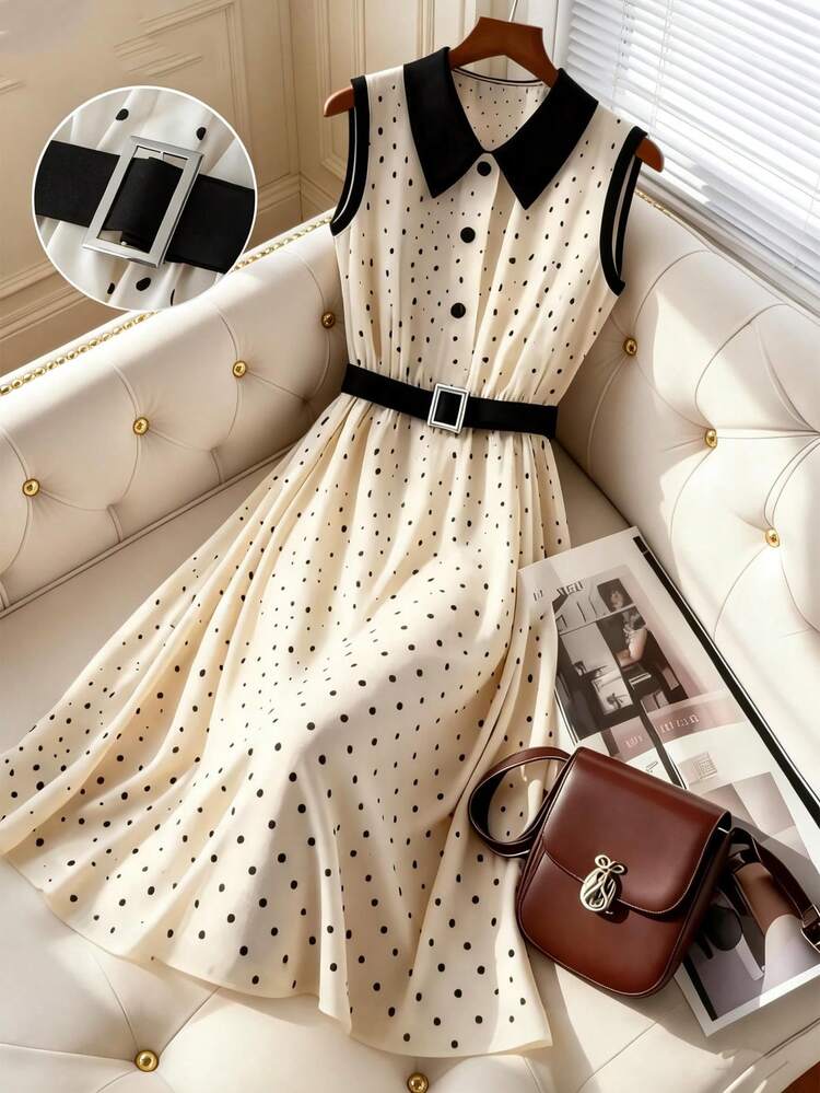GlowEve ポルカドットパターン コントラストカラー襟デザイン ウエストリボン Aラインエレガントな日常着 バカンス通勤ファッション バレンタインデートフレンチストリートレトロ多用途パーティー アプリコットポルカドットパターン 早春/春夏 ノースリーブ ミドル丈ワンピース - マルチカラー - 見る 1