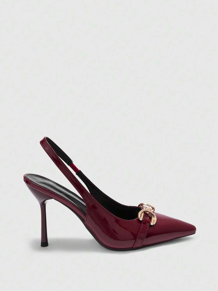 CUCCOO BIZCHIC Metal Buckle Pointed Toe Ankle Strap Stiletto Heels, European & American Fashion Style, Luxurious Quality, Ankle Strap Design, Glossy Material, Suitable For Fashion-Conscious Women, Can Be Paired With Dresses/Pants For Commuting, Dates, Light Social Occasions Valentine's Day