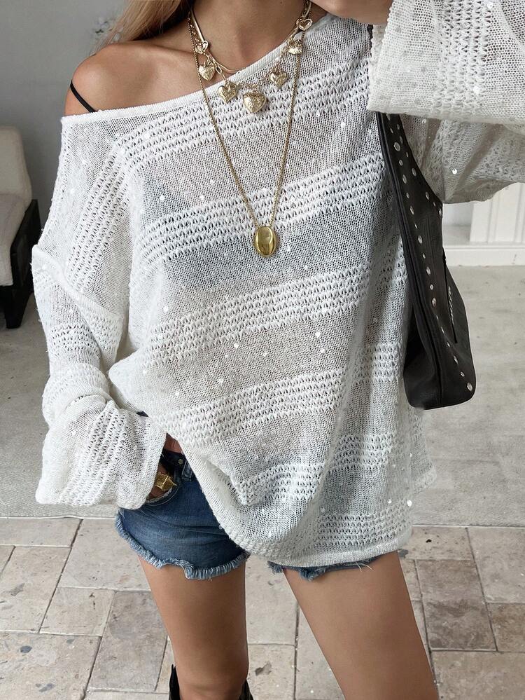 Women's Fashion Semi-Sheer Loose Drop Shoulder Casual T-Shirt, Suitable For Spring, Summer, Autumn Beach Vacation Oversized