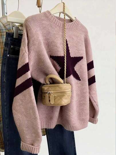 Resyla Suéter holgado de cuello redondo con caída de hombros y patrón de rayas estilo estrella, para uso casual y diario, otoño/invierno