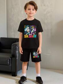 SHEIN 2件組小男孩夏季生日休閒數字67、音樂符號、字母圖案印花短袖T恤與短褲，舒適日常穿搭 - 黑色 - 查看 4