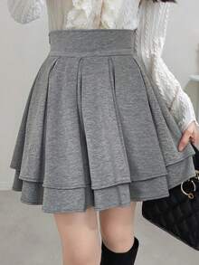 FRIFUL 女士黑色纯色高腰褶裥短款休闲百搭修身迷你裙，秋冬款 - 灰色 - 查看 5