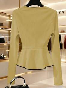 Franclia Áo sơ mi nữ thanh lịch và thời trang, màu trắng phối viền đen ở eo, áo tay dài phối màu đen trắng, phù hợp cho mặc hàng ngày, hẹn hò và đi làm. - Màu Mù tạt vàng - Xem 2