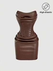 SHEIN MOD 女士棕色PU皮革褶皱抹胸连衣裙，女士时尚棕色PU束身胸衣无肩带迷你连衣裙，修身款式，春夏装，情人节，派对礼服，度假装 - 棕色 - 查看 3