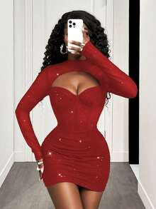 BamGleam Đầm dài tay bằng vải lưới đính sequin và gọng thép dành cho nữ, thích hợp cho mùa Thu/Đông. - Đỏ - Xem 7