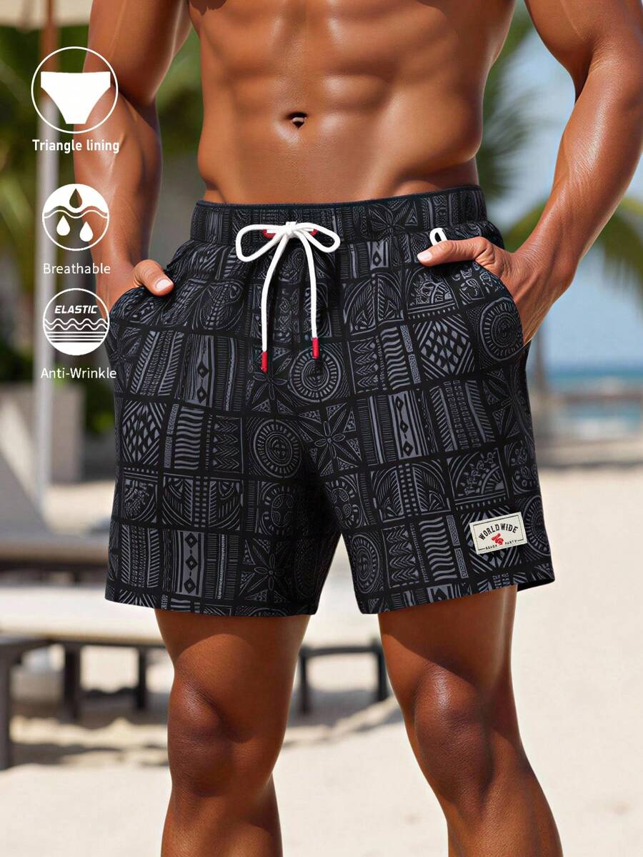 Manfinity Swimmode Men's Beach Vacation Casual Printed Swim Trunks - Grey - View 1