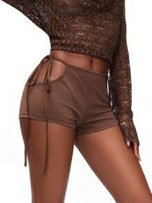 TypaGal 女士纯色系带休闲透气短裤 - 棕色 - 查看 1