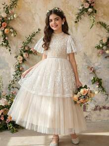Tween Girl Floral Embroidered Mesh Ruffle Sleeve Dress - Apricot - View 8