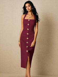 Poéselle 女士纯色前扣露背修身优雅连衣裙 - 酒紅色 - 查看 4