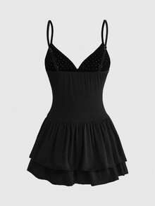 ROMWE Grunge Punk Women's Sexy Dark PUNK Rivet Chain Patchwork Layered Ruffle Hem Mini Dress, Spring & Summer - Black - View 4