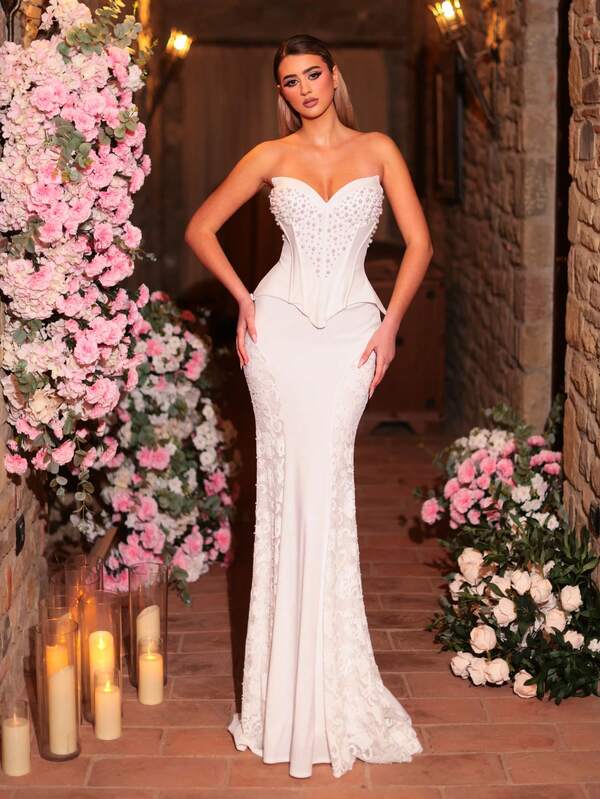 Glamrae Elegant Luxurious Pearl Beaded Lace Patchwork Elastic Knit Mermaid Maxi Skirt, Sexy Strapless With Long Train, Suitable For Wedding, Party, Holiday, Prom, Bridal Gown