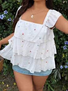 Sunnyshic Colorful Embroidered Cap Sleeve Casual Blouse, Sweet Summer Holiday Style - Apricot - View 3